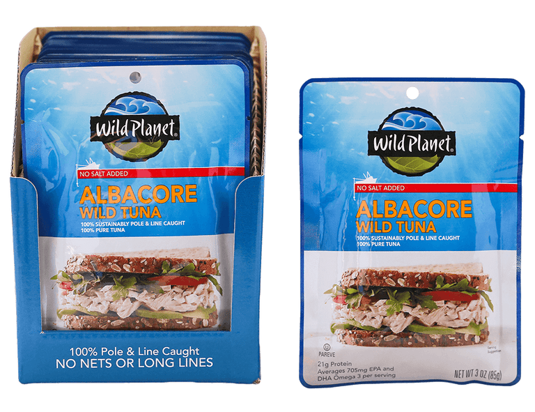 Albacore Wild Tuna, No Salt Added. Sustainable Pole & Line Caught, 100% Pure Tuna & Sea Salt in a Pouch, Front View with a photo of Tuna Salad Sandwich (Wheat Bread) and a Set of Albacore Wild Tuna, No Salt Added in a Carton Box with text 100% Pole & Line Caught No Nets or Long Lines