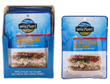 Albacore Wild Tuna, No Salt Added. Sustainable Pole & Line Caught, 100% Pure Tuna & Sea Salt in a Pouch, Front View with a photo of Tuna Salad Sandwich (Wheat Bread) and a Set of Albacore Wild Tuna, No Salt Added in a Carton Box with text 100% Pole & Line Caught No Nets or Long Lines