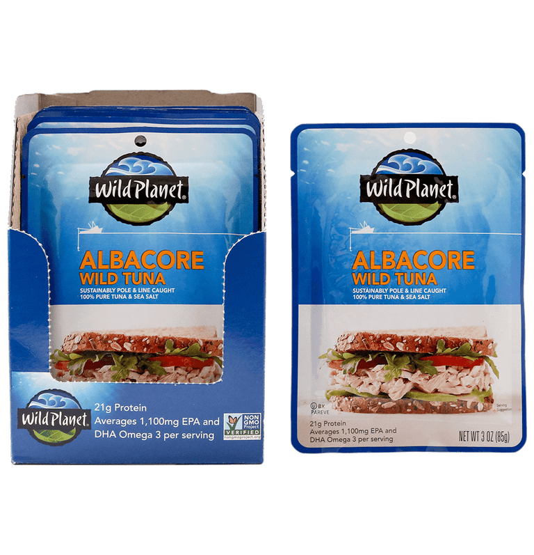 Albacore Wild Tuna Sustainable Pole & Line Caught, 100% Pure Tuna & Sea Salt in a Pouch, Front View and a set of 3 in a box with text "21 g Protein, Ave 1,100mg EPA and DHA Omega 3 per Serving, Non GMO Project Verified